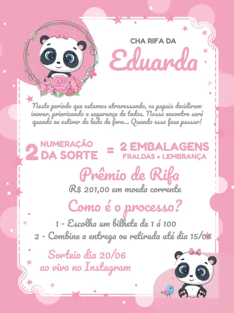 Convite Chá Rifa Pandinha Branco – tema Chá Rifa fofo, infantil, moderno, colorido, minimalista