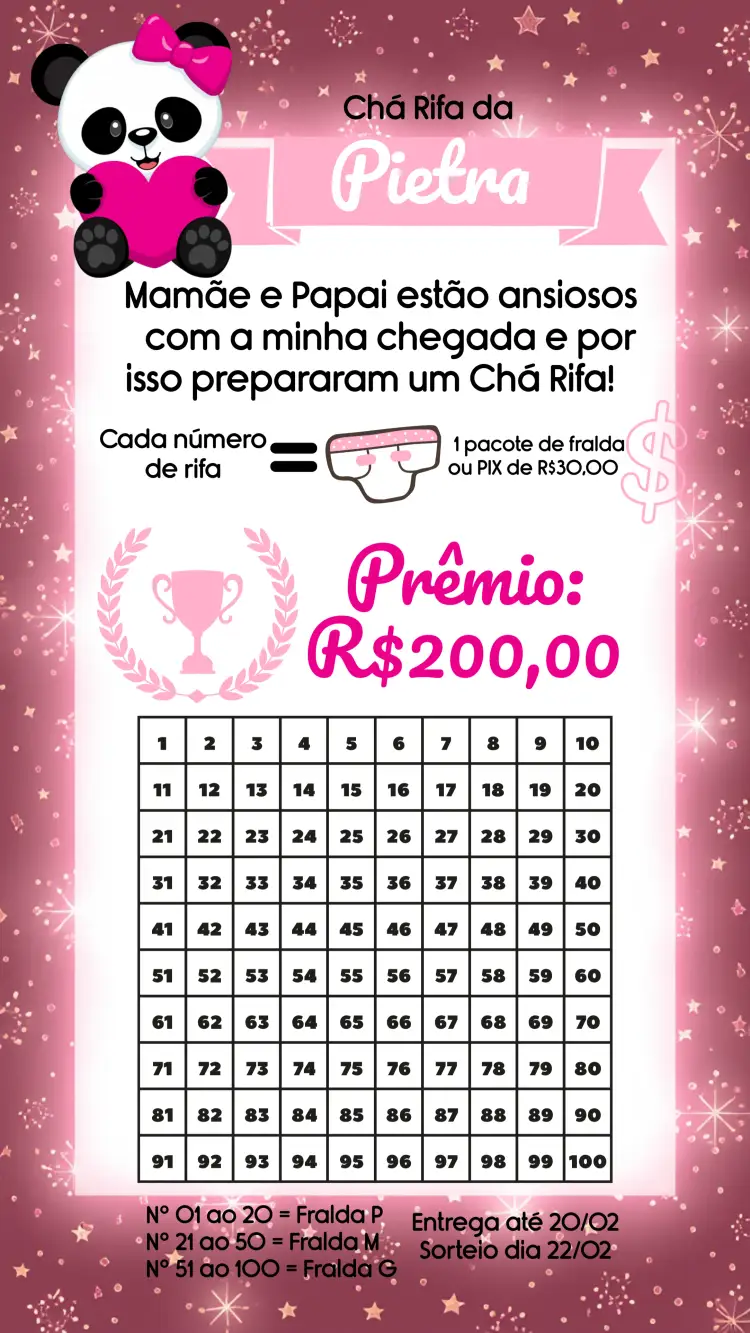 Convite Chá Rifa Pandinha Cha – tema Chá Rifa rosa, branco, panda, divertido, infantil, moderno