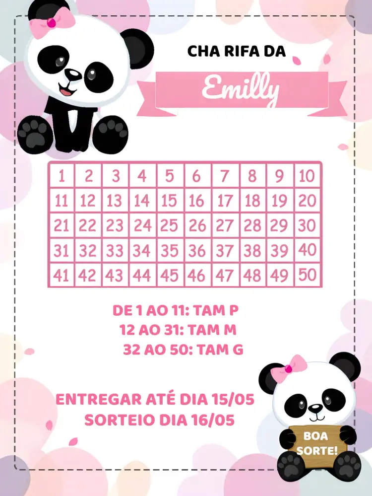 Convite Chá Rifa Pandinha 1 – tema Chá Rifa rosa, panda, lúdico, infantil, divertido