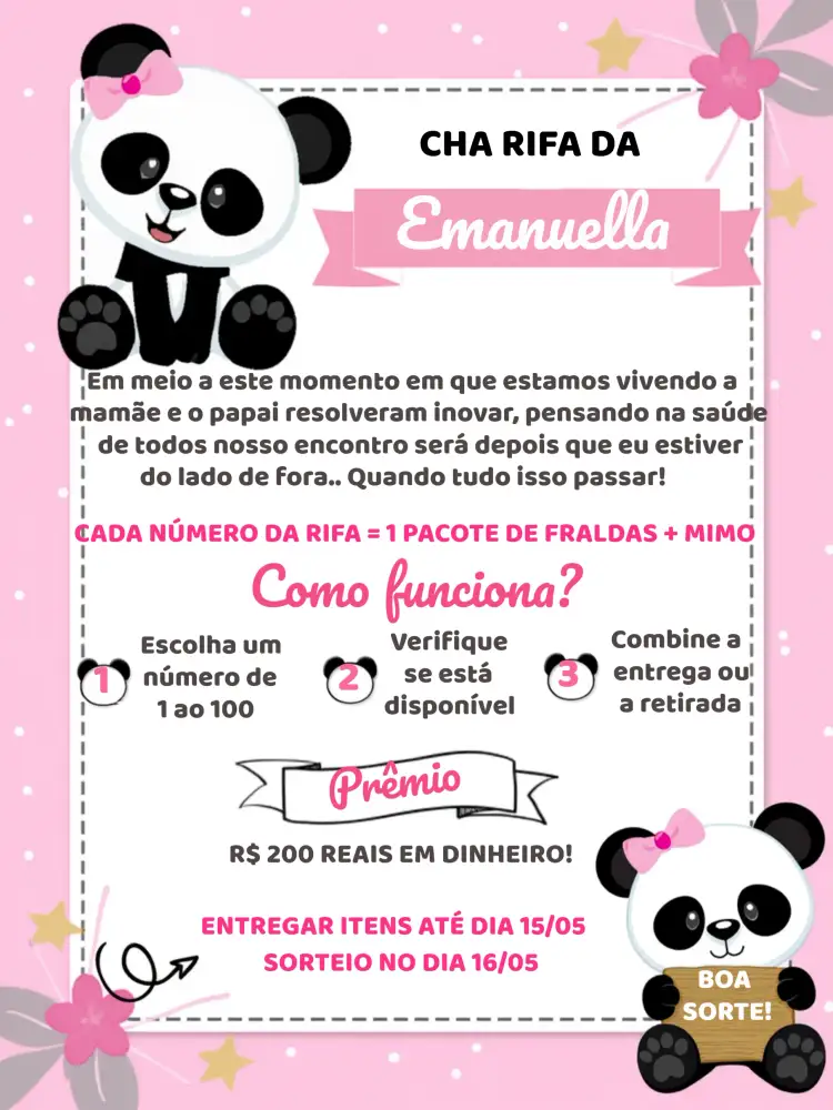 Convite Chá Rifa Pandinha Cha – tema Chá Rifa fofo, rosa, poá, branco, moderno