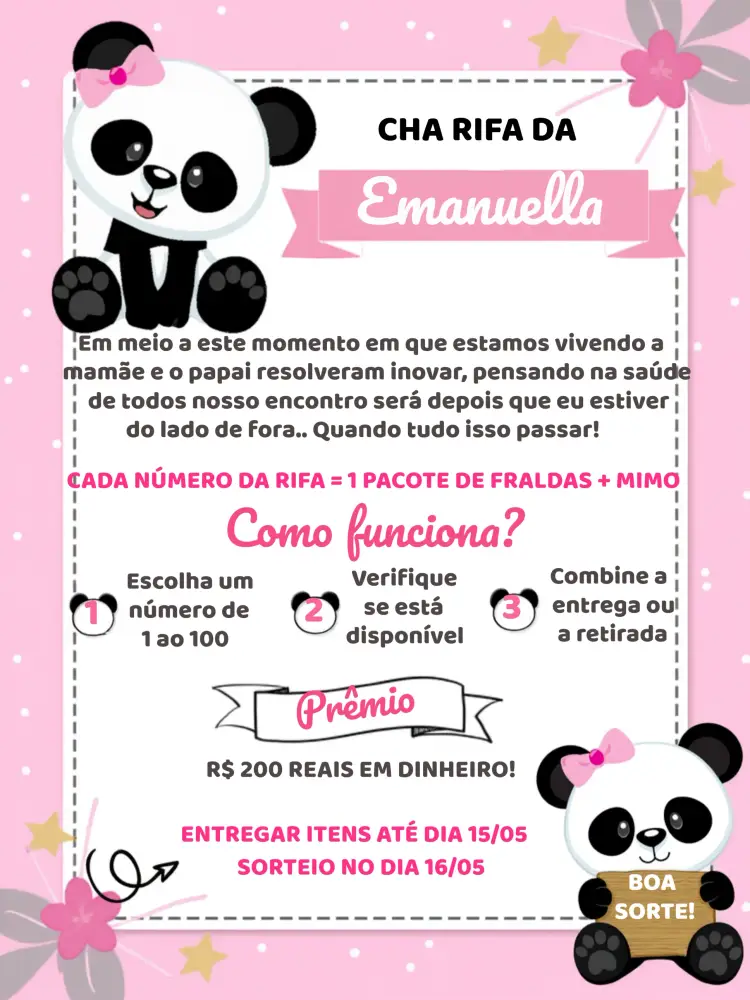Convite Chá Rifa Pandinha Cha