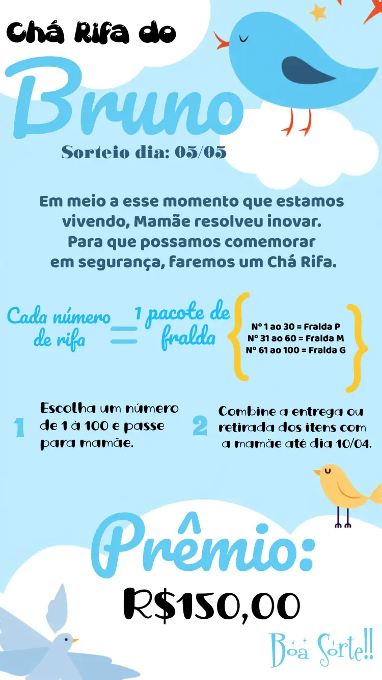 Convite Chá Rifa Pássaro Safari – tema Chá Rifa animais, safari, colorido, lúdico, moderno