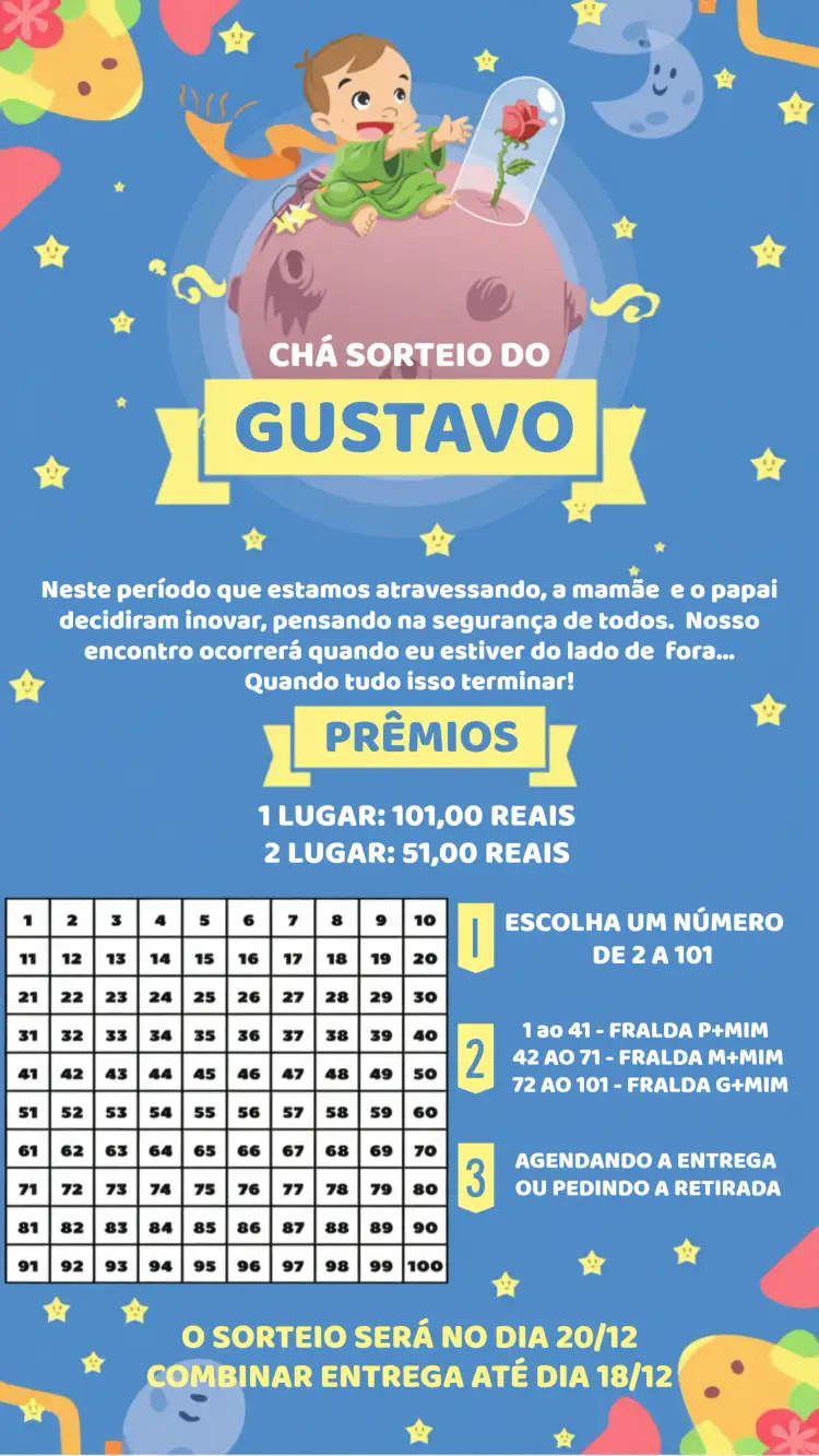 Convite Chá Rifa Pequeno Principe Amarelo – tema Chá Rifa amarelo, azul, branco, estrelas, lua, ilustração infantil