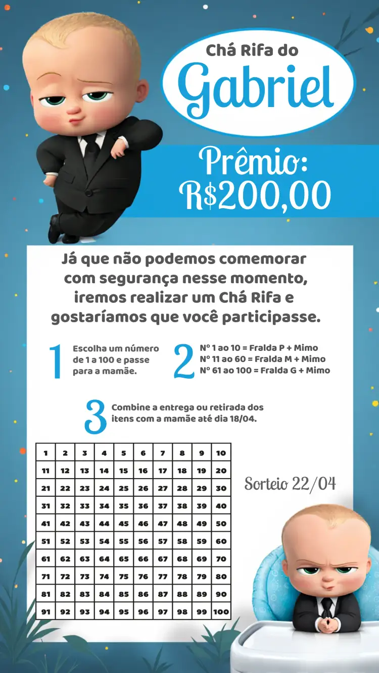 Convite Chá Rifa Poderoso Chefinho Cartela – tema Chá Rifa azul e branco, infantil, divertido, moderno, ilustrações de bebê