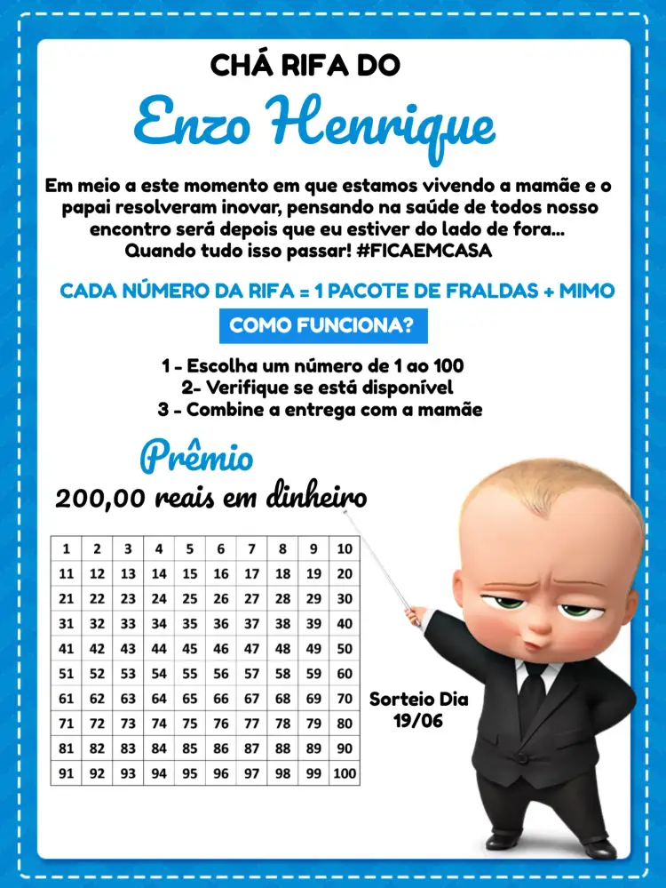 Convite Chá Rifa Poderoso Chefinho Branco – tema Chá Rifa moderno, branco e preto, azul, divertido, infantil