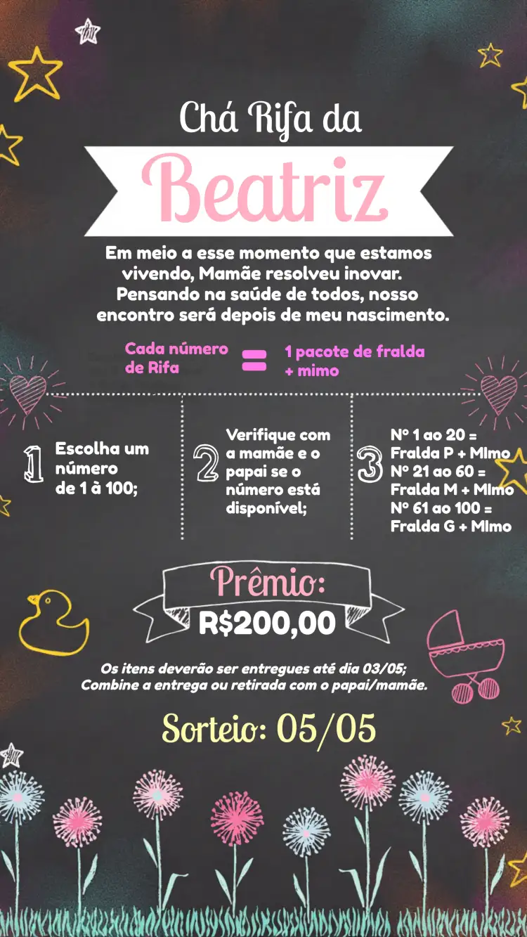 Convite Chá Rifa Quadro Negro Giz Chalkboard – tema Chá Rifa chalkboard, moderno, colorido, divertido, minimalista, infantil