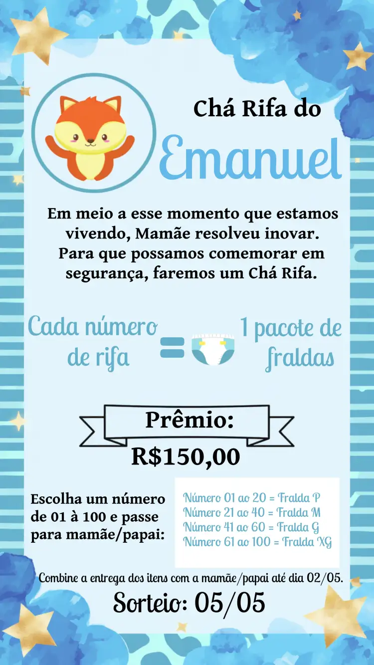 Convite Chá Rifa Raposa Nuvem – tema Chá Rifa aquarela, boho, infantil, encantado, colorido