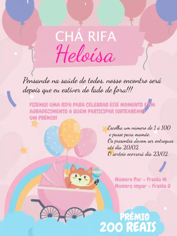 Convite Chá Rifa Raposinha Estrela – tema Chá Rifa cores pastel, estilo lúdico, elementos gráficos de animais, design moderno, tema de estrelas, estilo infantil