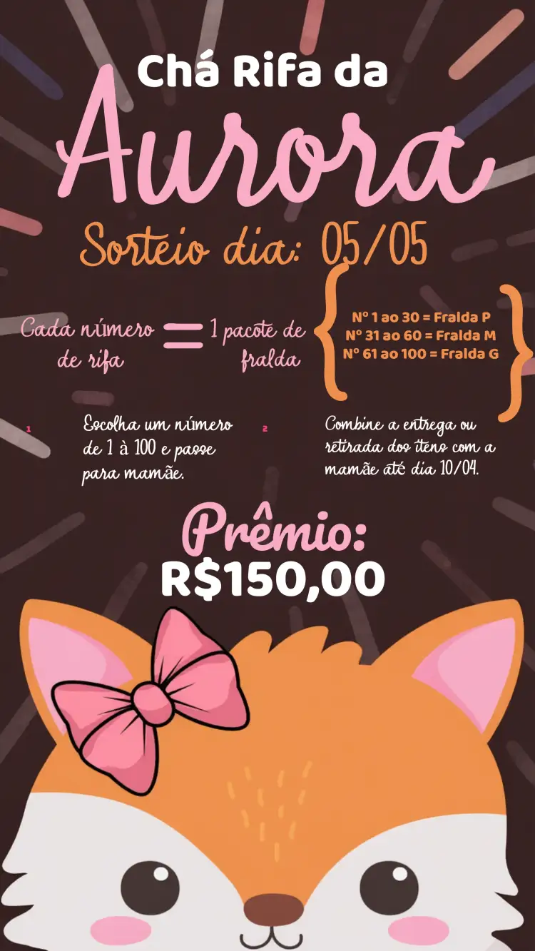 Convite Chá Rifa Raposinha Rosa.preto.laranja – tema Chá Rifa fofo, colorido, animais, safari, infantil, moderno