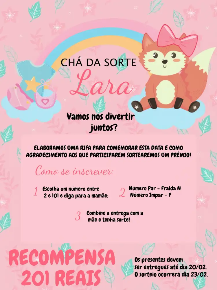 Convite Chá Rifa Raposinha Amarelo – tema Chá Rifa divertido, colorido, infantil, floral, moderno