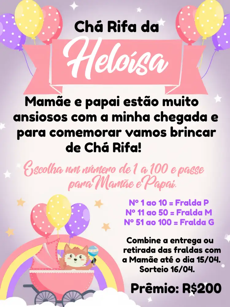 Convite Chá Rifa Raposinha Baloes – tema Chá Rifa colorido, infantil, lúdico, moderno, divertido, fofo