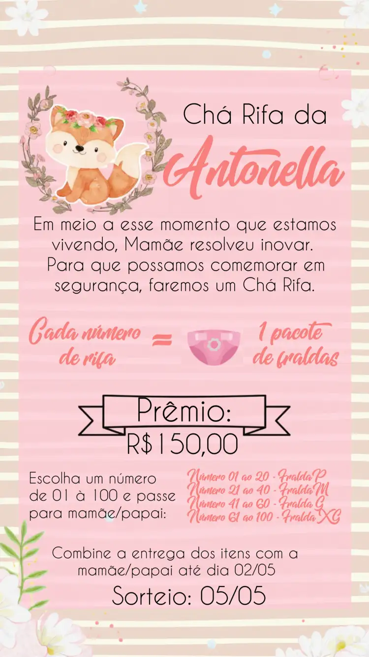 Convite Chá Rifa Raposinha Rosa – tema Chá Rifa floral, minimalista, rosa, delicado, lúdico, encantado