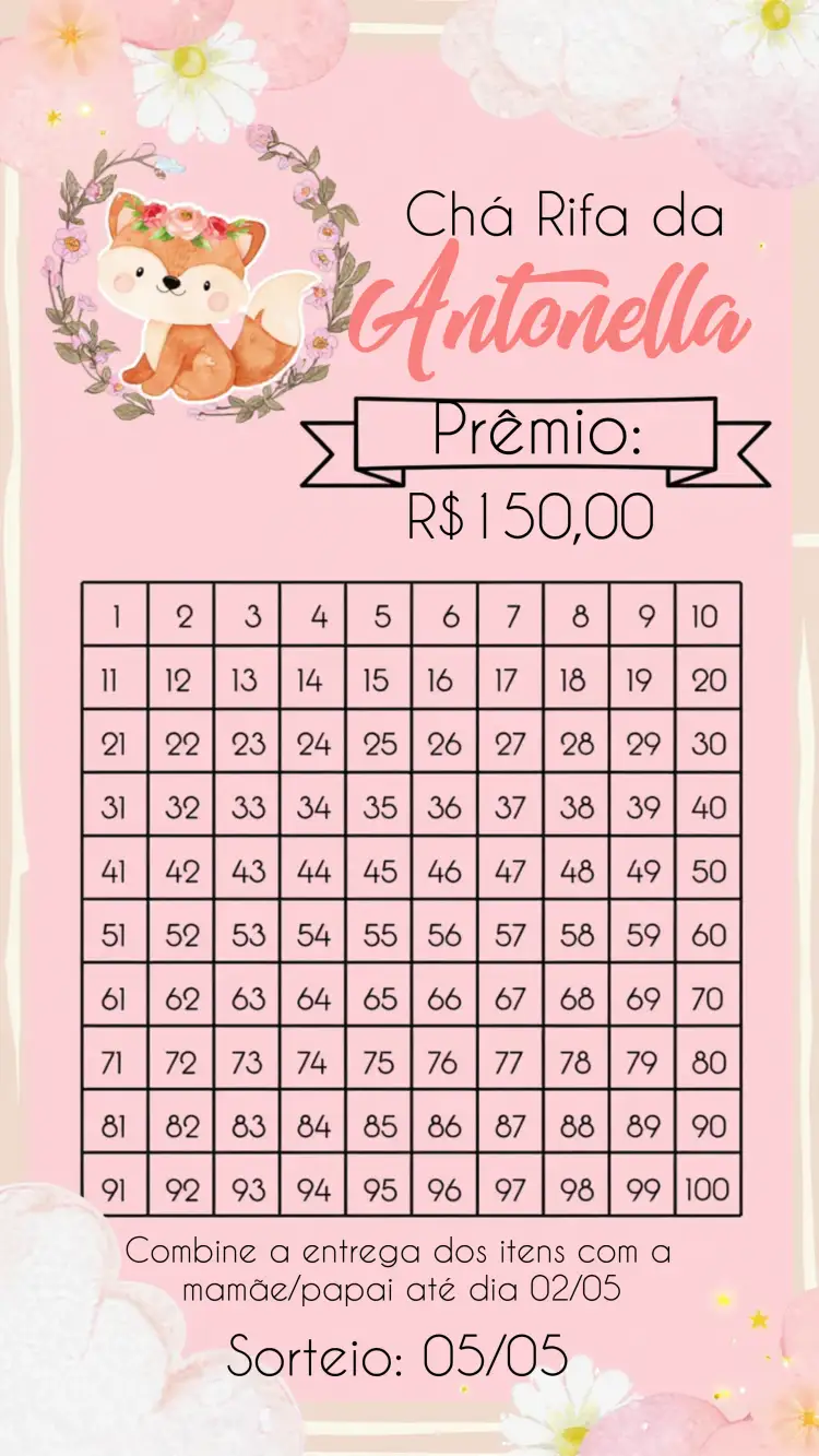 Convite Chá Rifa Raposinha Delicado – tema Chá Rifa floral, minimalista, delicado, rosa e branco, nuvem, encantado