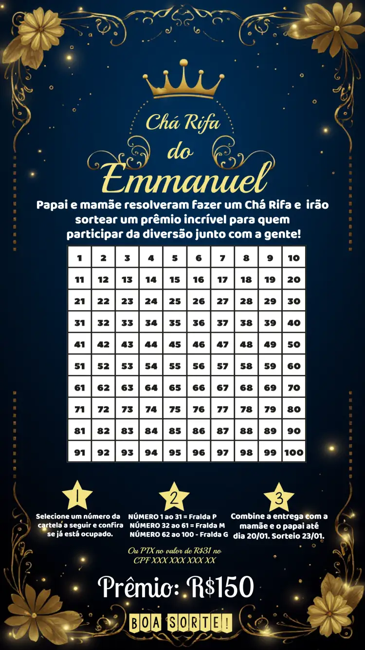 Convite Chá Rifa Realeza 100 – tema Chá Rifa dourado, azul, branco, realeza, princesa, elegante