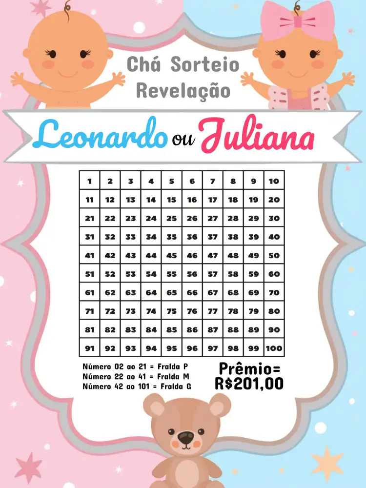 Convite Chá Rifa Revelação Bebês Ou – tema Chá Revelação lúdico, colorido, moderno, animais fofos, divertido, elegante