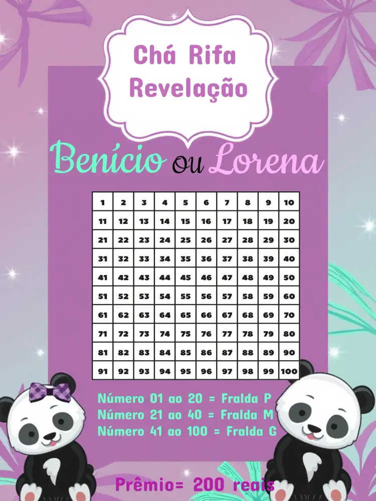 Convite Chá Rifa Revelação Panda Bebe – tema Chá Revelação panda, roxo, verde, lilás, branco