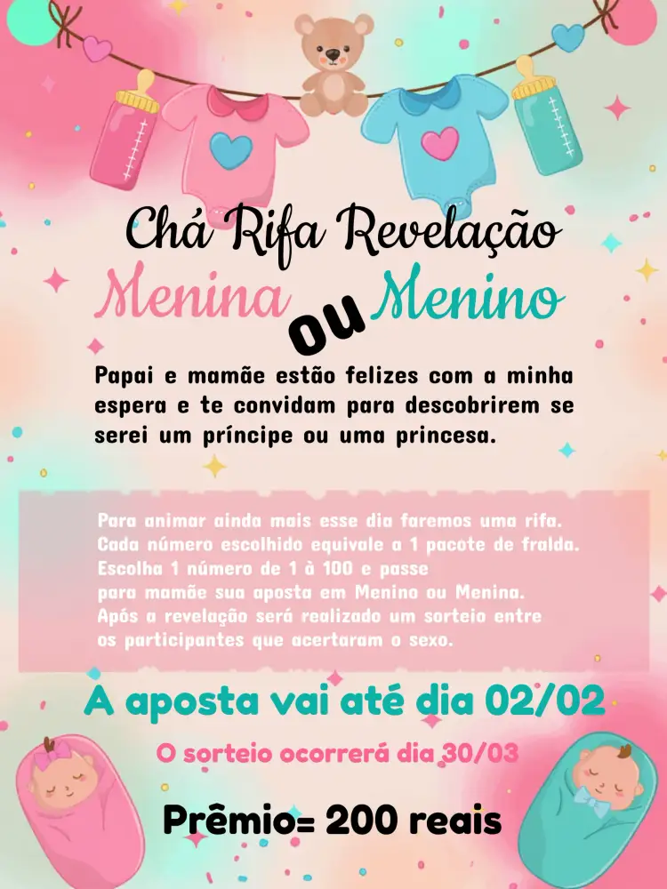 Convite Chá Rifa Revelação Ursinhos Menina
