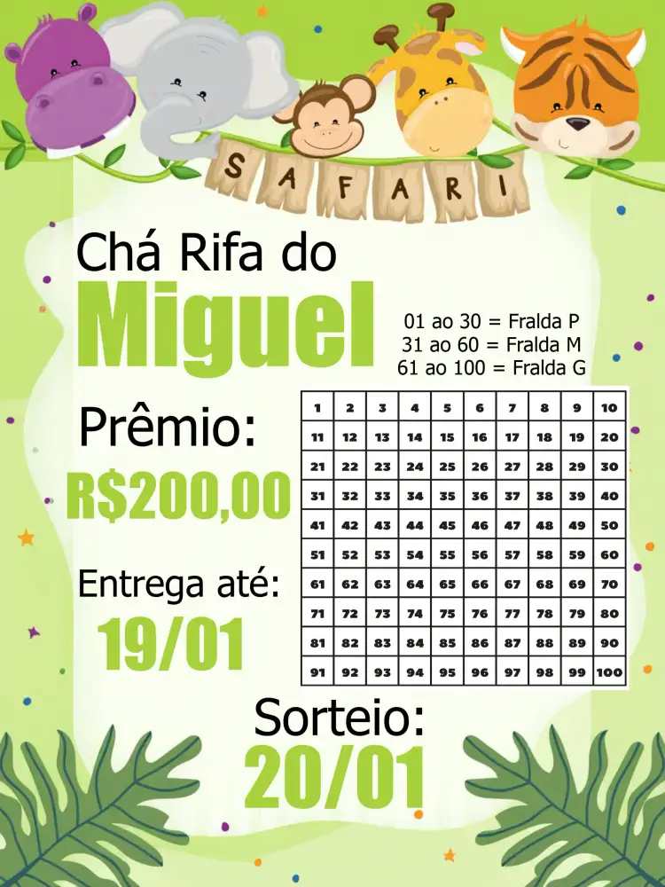 Convite Chá Rifa Safari Bebê – tema Chá Rifa safari, animais da selva, verde vibrante, divertido, colorido, tropical