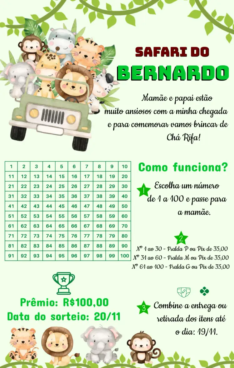 Convite Chá Rifa Safari Bebe – tema Mais pesquisados safari, animais, verde, marrom, divertido, temático