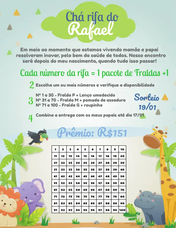 Convite Chá Rifa Safari Animais – tema Chá Rifa safari, colorido, aquarela, divertido, temático