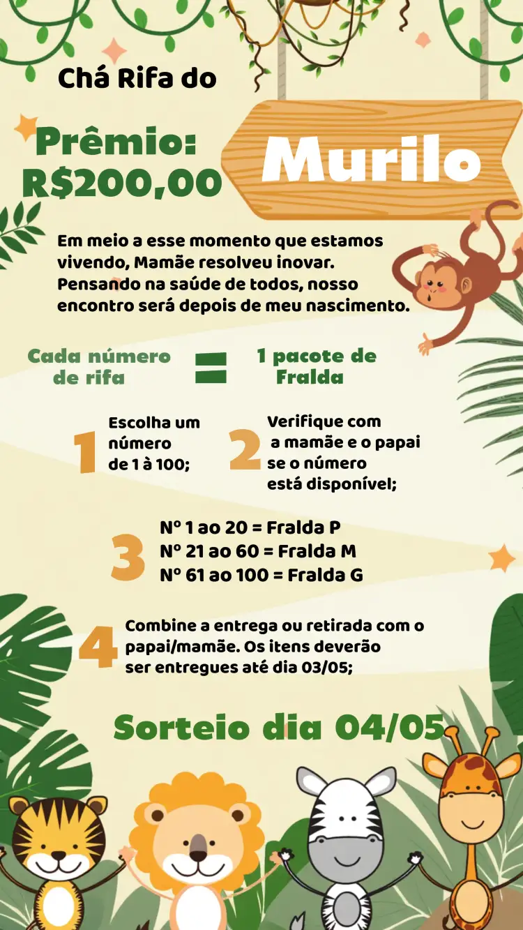 Convite Chá Rifa Safari Bebe – tema Chá Rifa safari, selva, animais, cores neutras, divertido, tropical