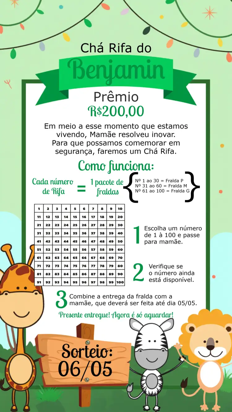 Convite Chá Rifa Safari Selva – tema Chá Rifa selva, animais, colorido, divertido, tropical, infantil