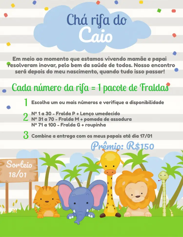 Convite Chá Rifa Safari Animais – tema Chá Rifa safari, animais, aquarela, colorido, moderno, divertido