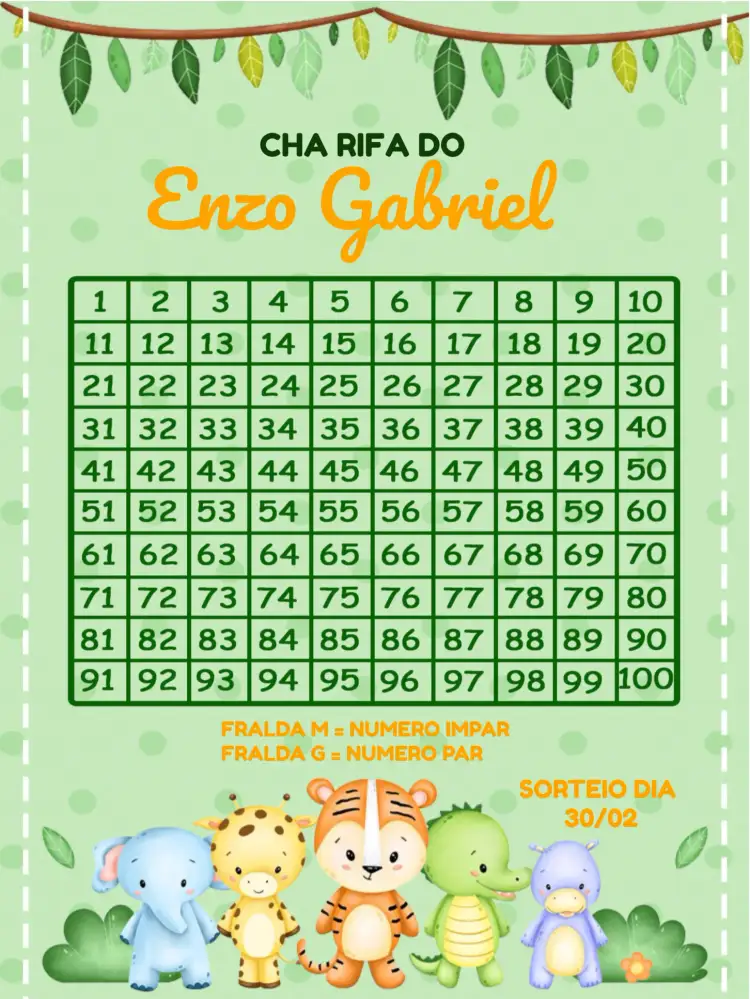 Convite Chá Rifa Safari Ao – tema Chá Rifa safari, colorido, animais fofos, verde e laranja, temática infantil, divertido