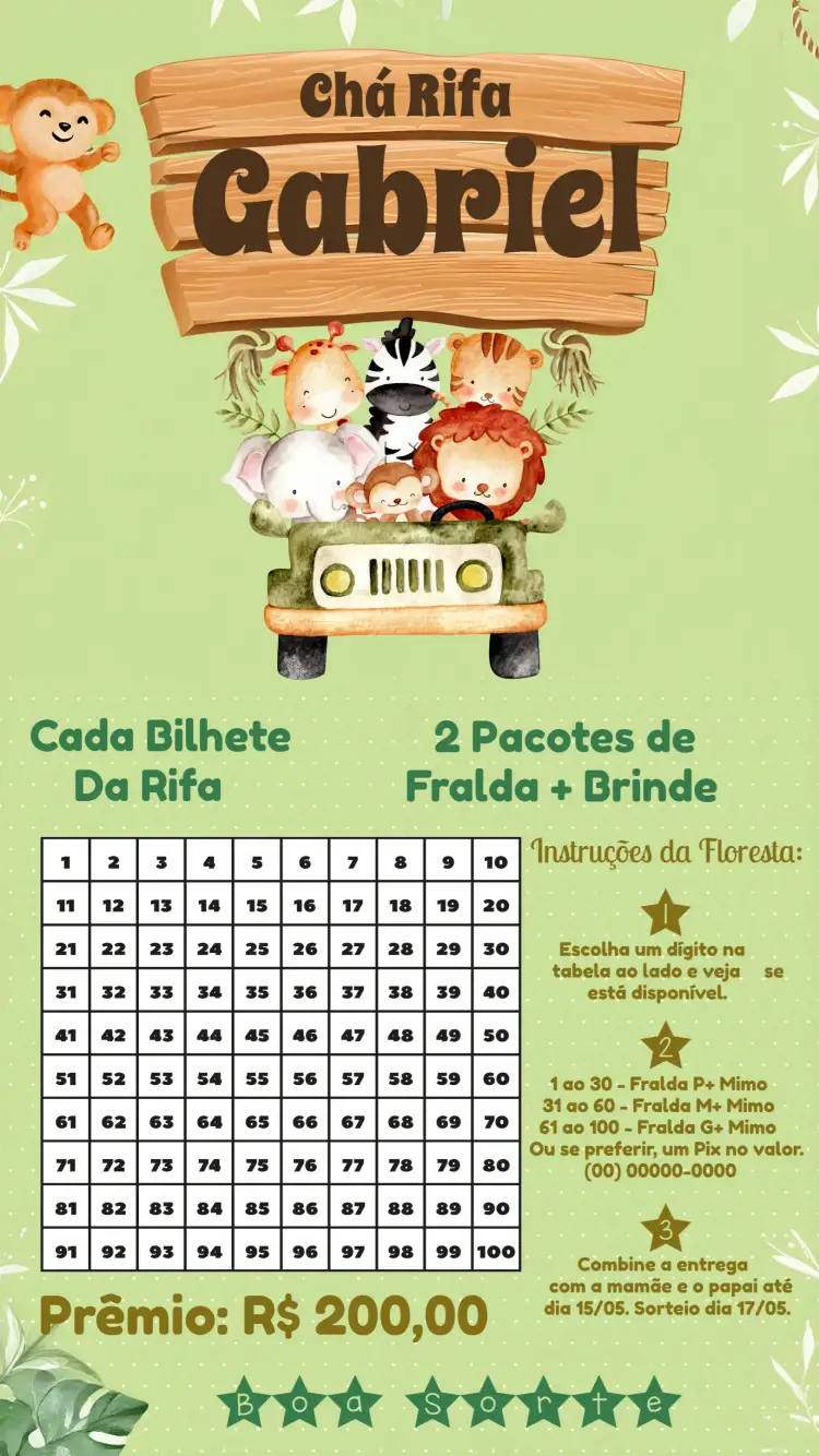 Convite Chá Rifa Safari Dourado – tema Mais pesquisados safari, dourado, verde, selva, moderno, divertido