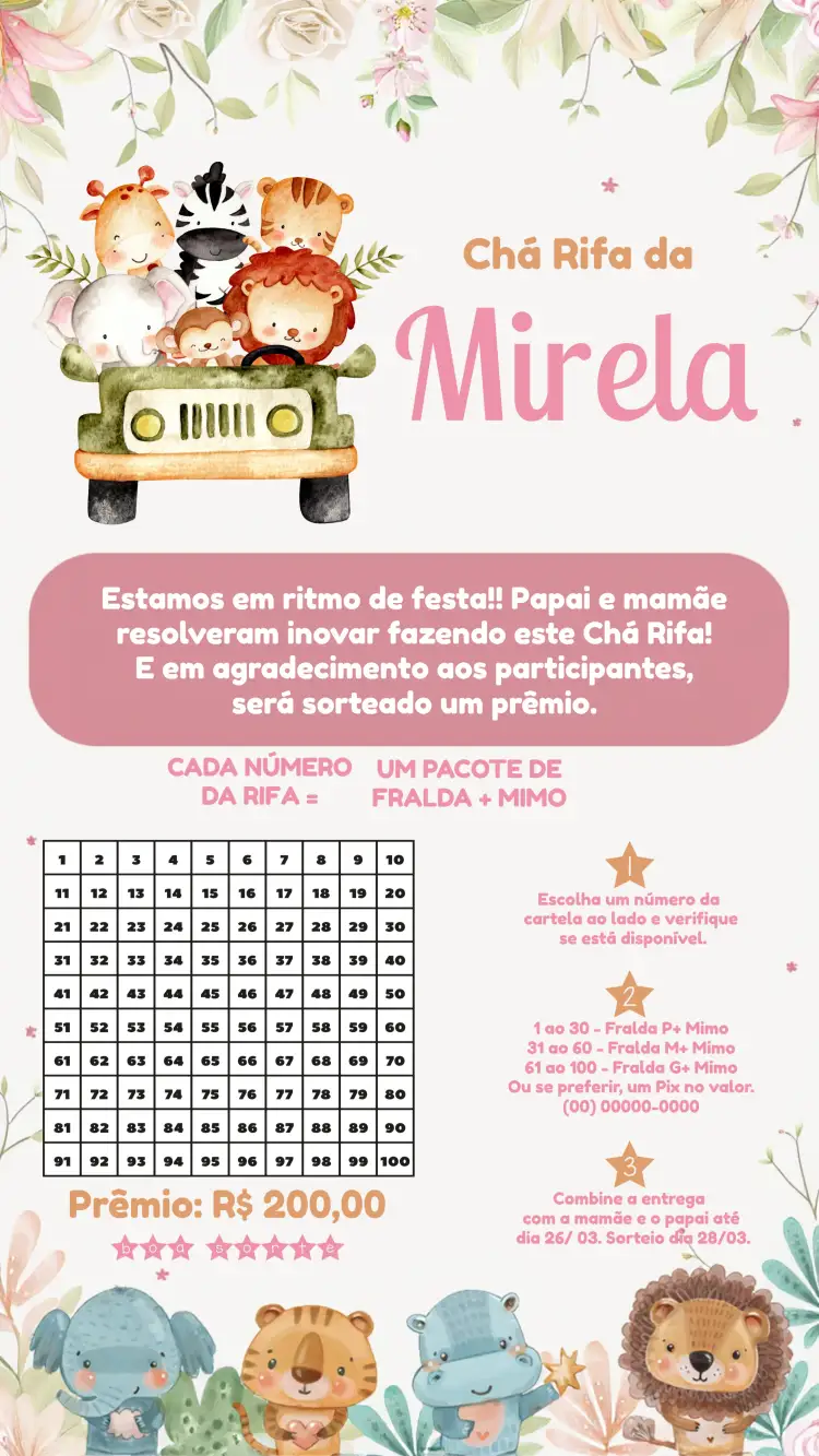 Convite Chá Rifa Safari Fralda – tema Mais pesquisados safari, aquarela, animais da selva, rosa e marrom, divertido, infantil