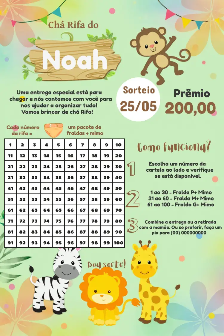 Convite Chá Rifa Safari Frame – tema Mais pesquisados safari, tropical, animais, verde, divertido, colorido