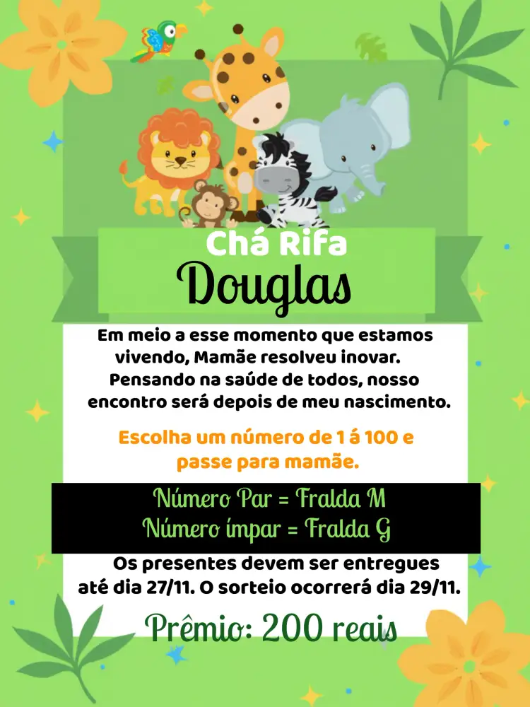 Convite Chá Rifa Safari Caqui – tema Chá Rifa safari, selva, animais, cores vibrantes, design divertido, estilo moderno