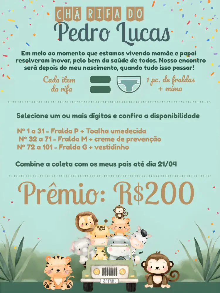 Convite Chá Rifa Safari De Menino – tema Chá Rifa safari, animais, natural, colorido, infantil, divertido