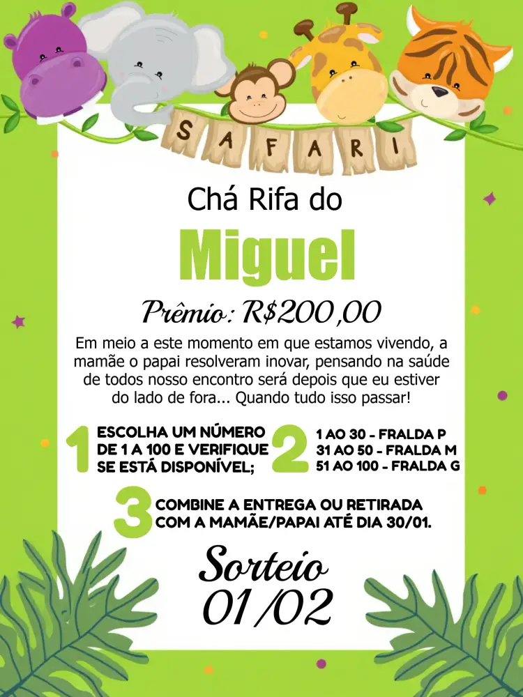 Convite Chá Rifa Safari Tigre – tema Chá Rifa safari, animais, cores vibrantes, selva, tropical