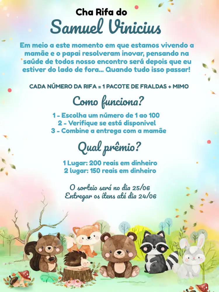 Convite Chá Rifa Safari Encantando – tema Chá Rifa safari, aventura, natureza, colors azul e marrom, design lúdico, estilo divertido
