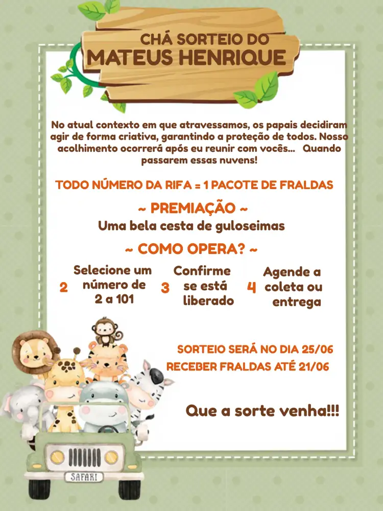 Convite Chá Rifa Safari Menino – tema Chá Rifa safari, animais, verde claro, marrom, branco, divertido