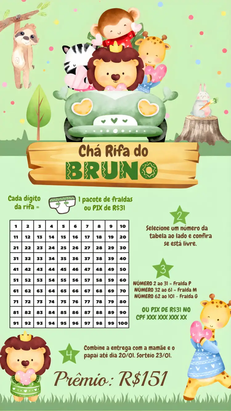 Convite Chá Rifa Safari Menino – tema Mais pesquisados safari, animais da selva, cores verdes e marrons, design infantil, elementos gráficos divertidos, natureza