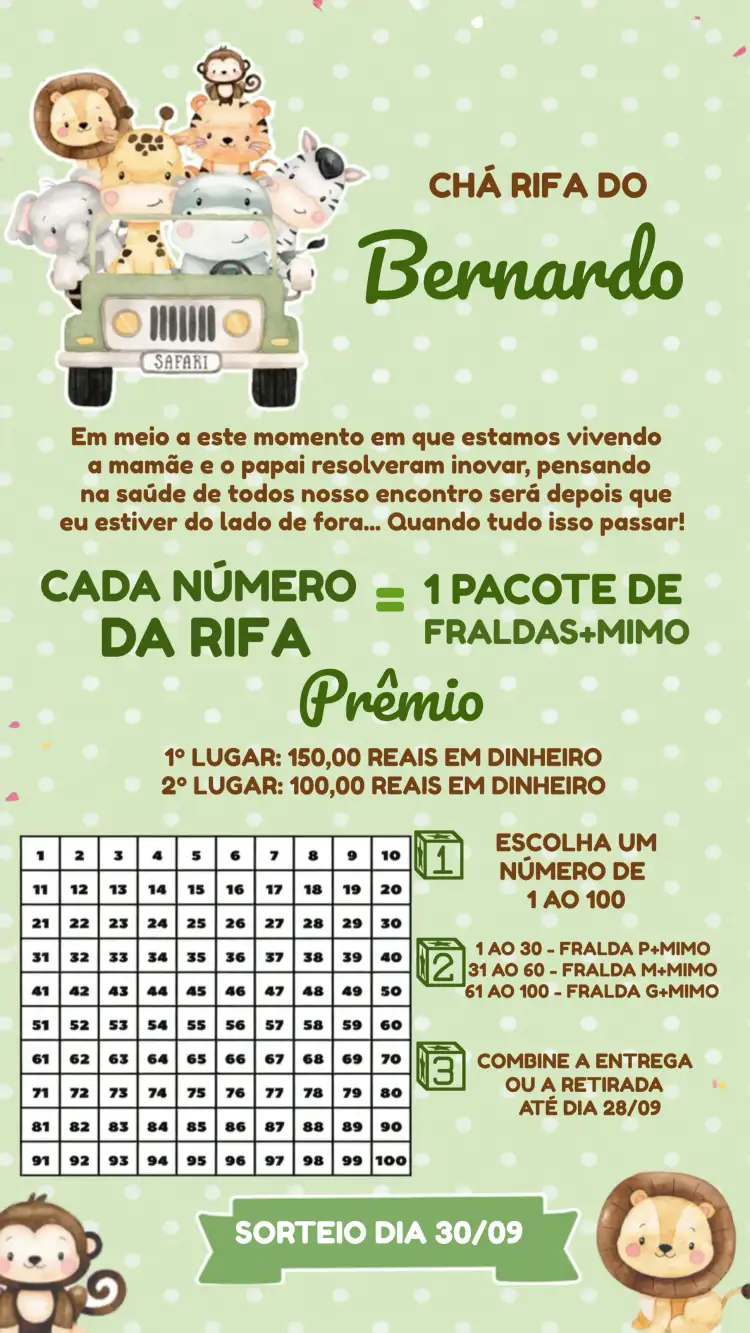 Convite Chá Rifa Safari Branco – tema Chá Rifa safari, animais, natureza, cores suaves, folhagens, poá
