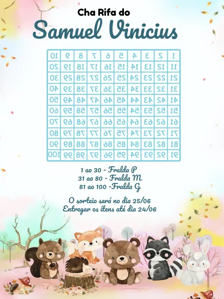 Convite Chá Rifa Safari Bosque – tema Chá Rifa safari, bosque encantado, animais da selva, cores suaves, ilustrações lúdicas