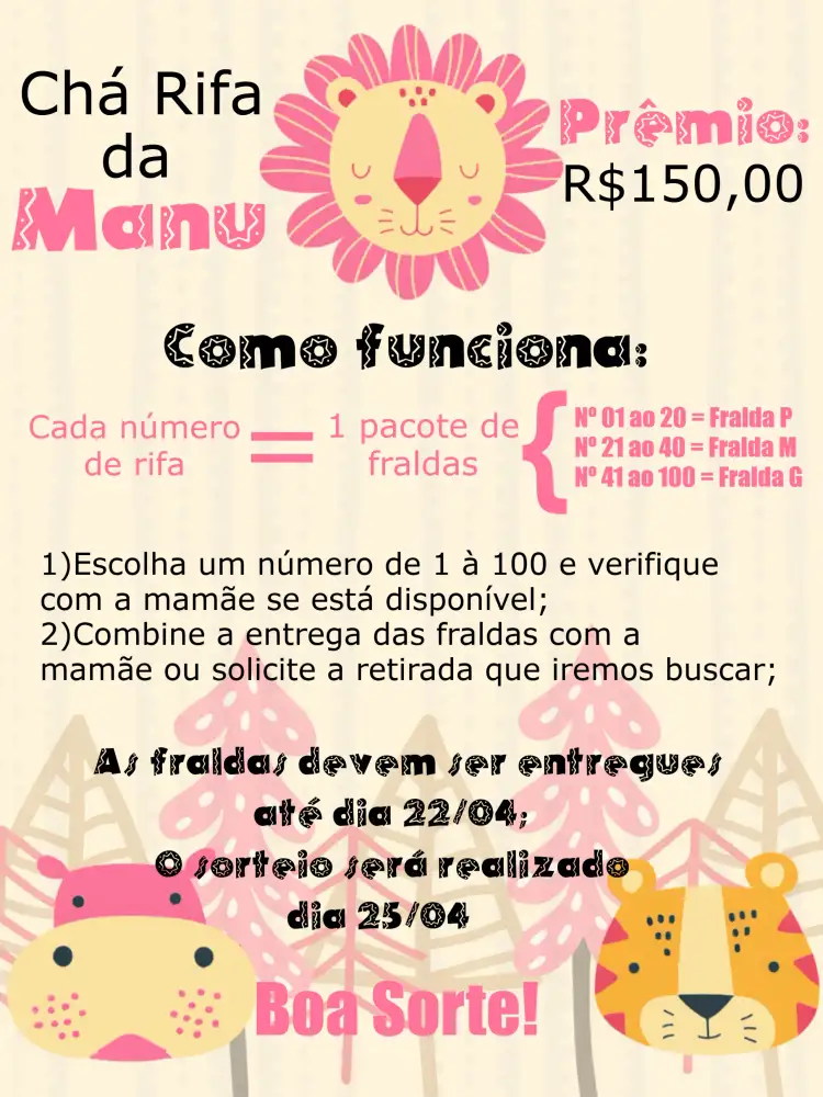 Convite Chá Rifa Safari Rosa Preto – tema Chá Rifa safari, animais, rosa e preto, divertido, moderno