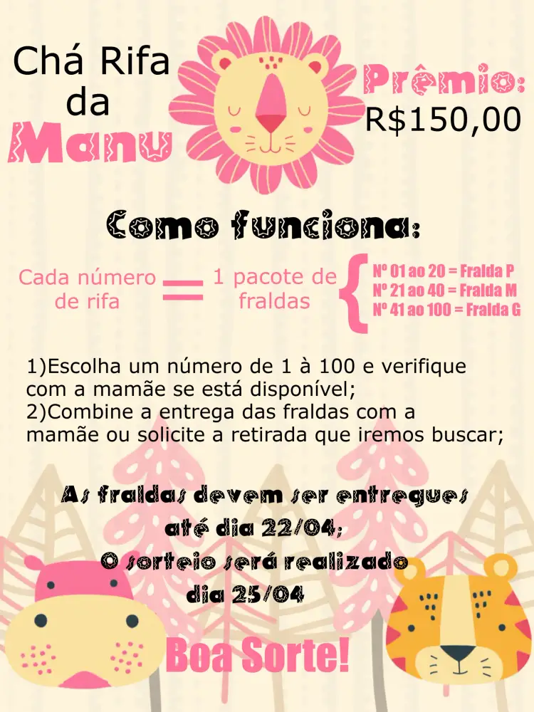 Convite Chá Rifa Safari Rosa Preto