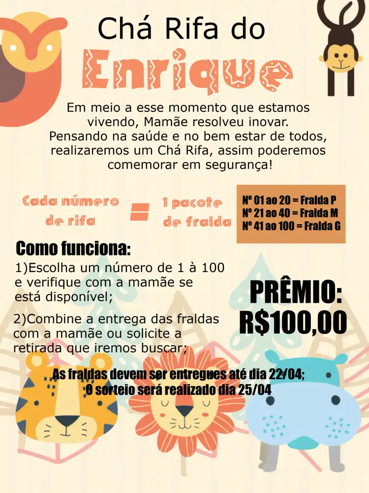 Convite Chá Rifa Safari Selva – tema Chá Rifa selva, animais, colorido, infantil, aventura, tropical