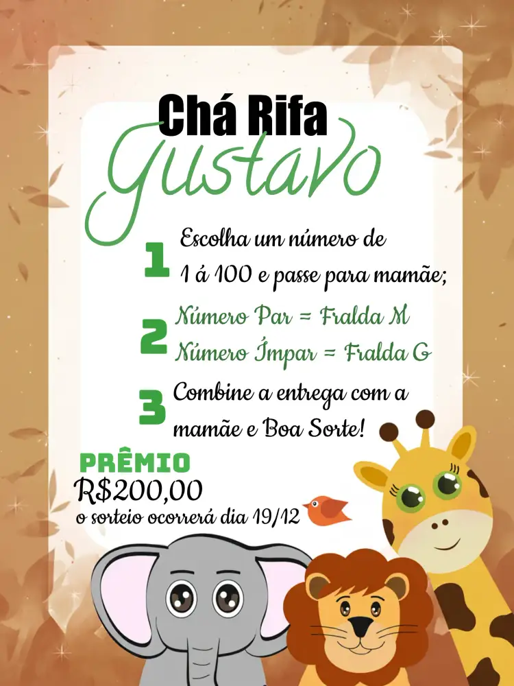 Convite Chá Rifa Safari Cha – tema Chá Rifa safari, animais da selva, cores vibrantes, natureza, infantil, folhagens