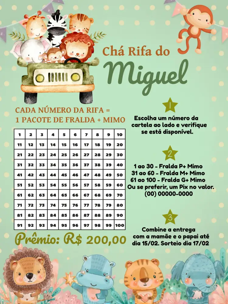 Convite Chá Rifa Safari Verde – tema Mais pesquisados safari, colorido, lúdico, animal print, divertido, moderno