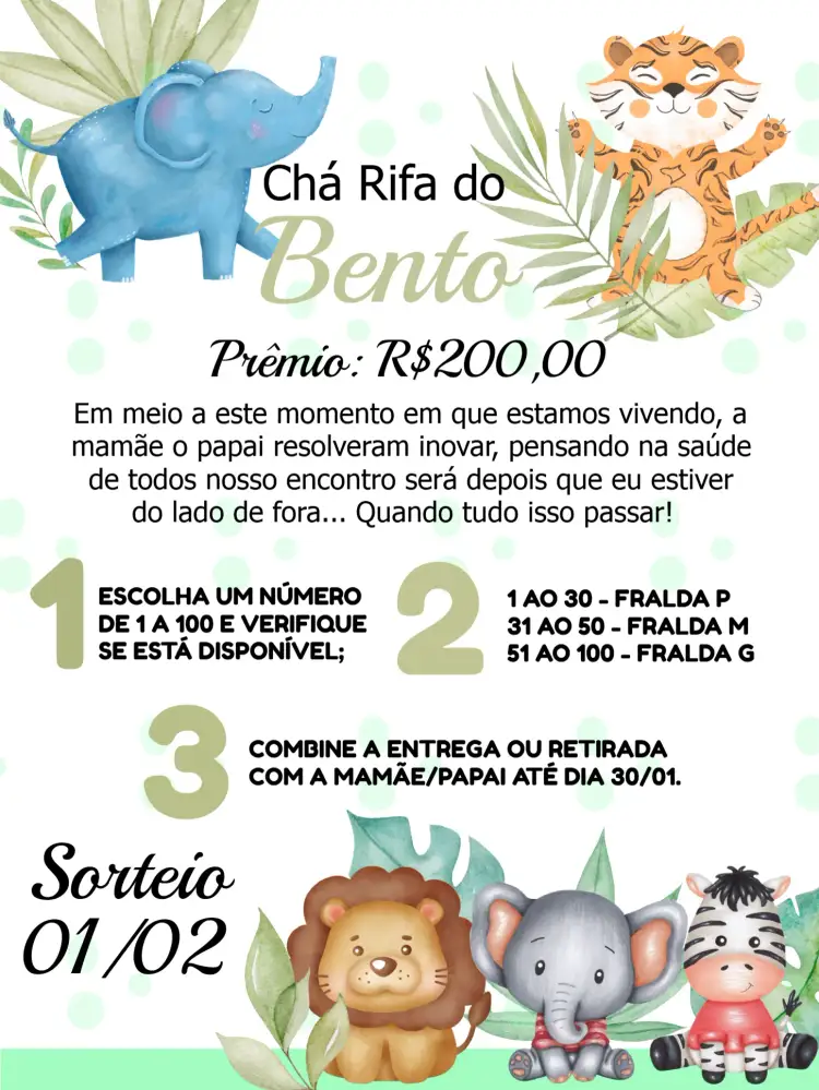 Convite Chá Rifa Safari Animais – tema Chá Rifa safari, animais, cores quentes, divertido, moderno, temático