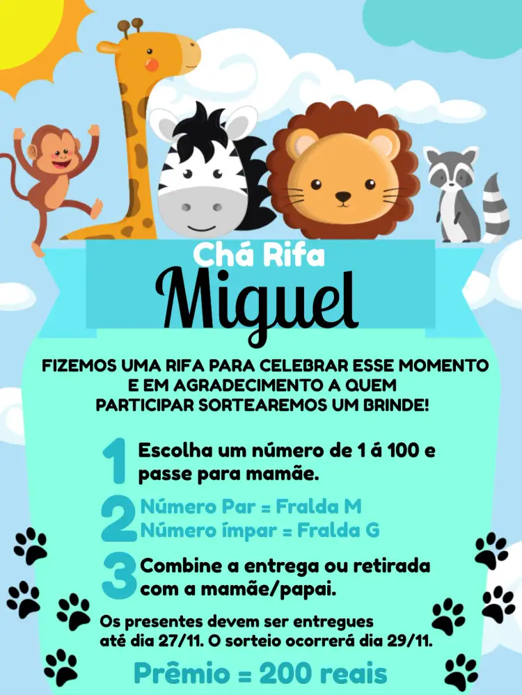 Convite Chá Rifa Safari Animais – tema Chá Rifa safari, animais, cores vibrantes, divertido, infantil, aventura