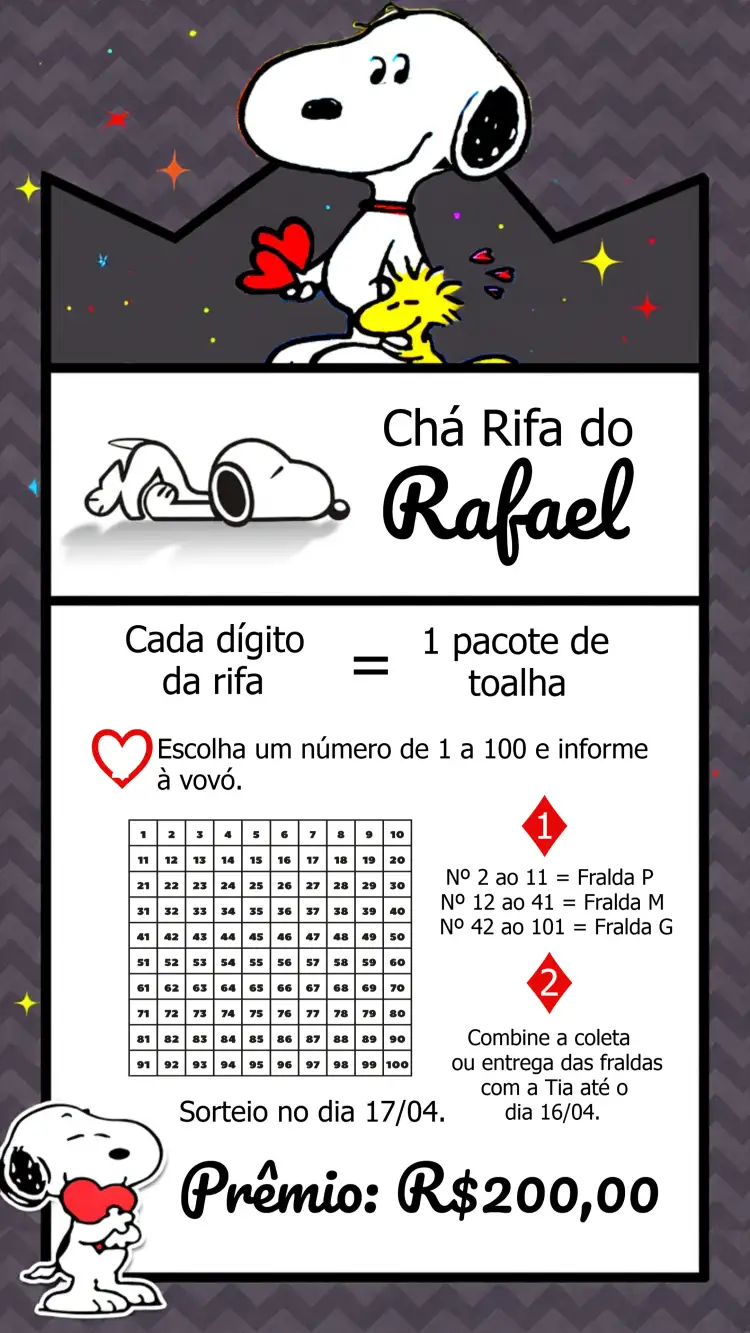 Convite Chá Rifa Snoopy Peanuts Cha – tema Chá Rifa divertido, colorido, infantil, moderno, ilustrativo