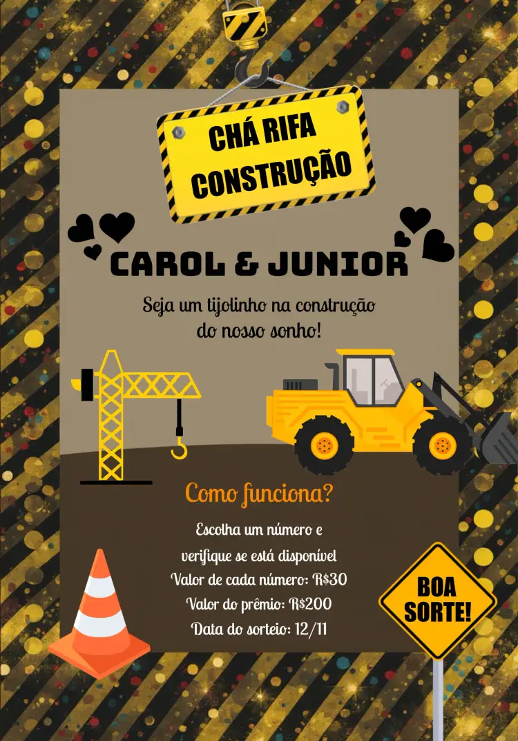 Convite Chá Rifa Solidária Construção – tema Chá Rifa moderno, industrial, vibrante, solidário, dinâmico, estilizado