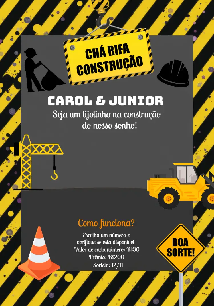 Convite Chá Rifa Solidária Construção Trabalhando – tema Chá Rifa moderno, masculino, elegante, minimalista, preto e amarelo, construção