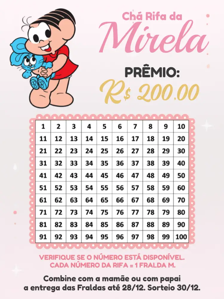 Convite Chá Rifa Turma Da Mônica Rosa – tema Aniversário Infantil cores pastel, lúdico, divertido, personagens infantis, alegre, moderno